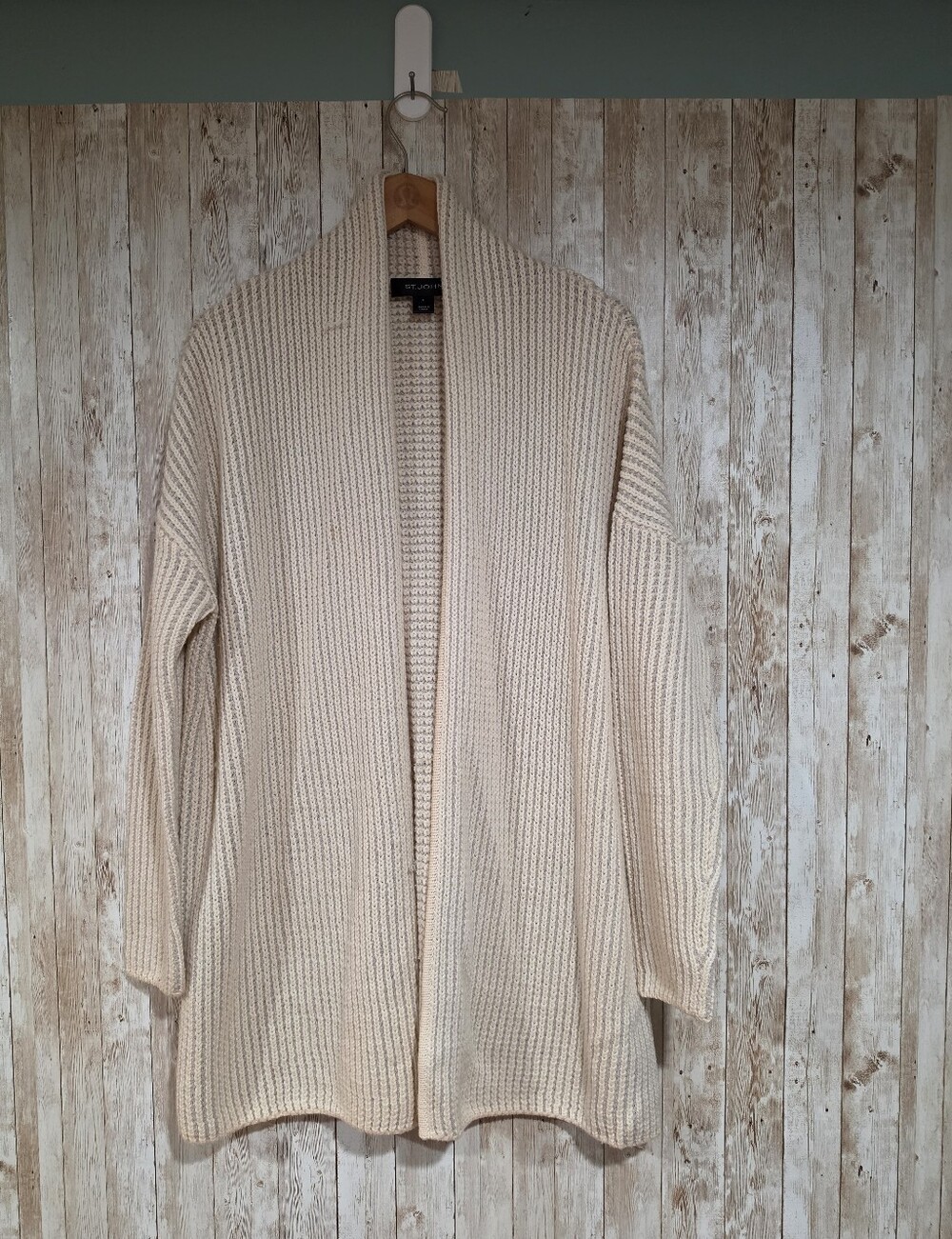 St. John Women's Beige Solid Knit Open Front Long Sleeve Cardigan M Wool